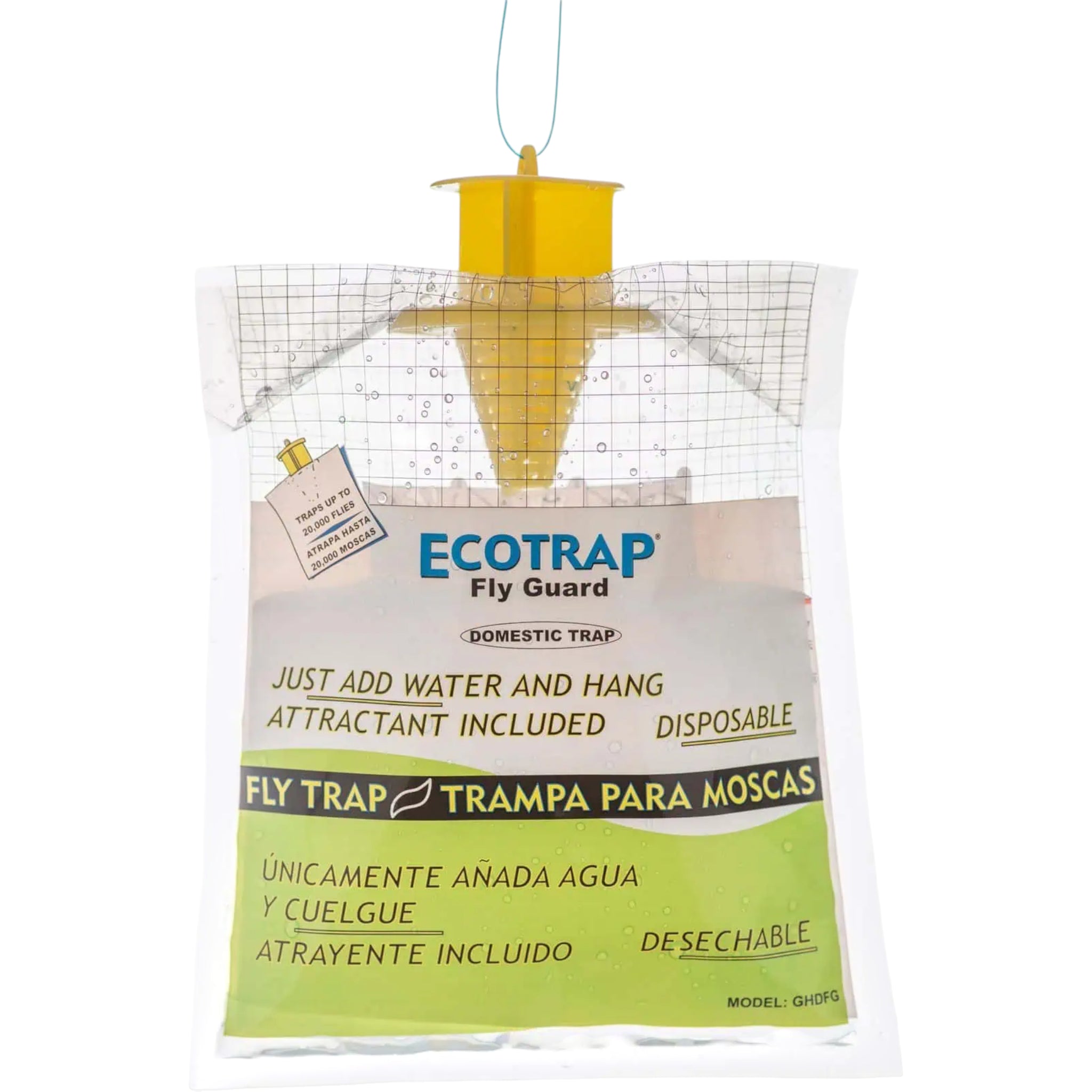 Trampa Ecotrap Domestic desechable para moscas, modelo pequeño activado con agua para uso en patios, jardines y terrazas.