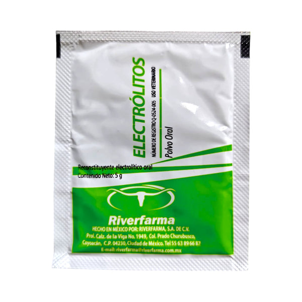 Sobre de 5 gramos de Electrolitos en polvo, rehidratante oral con dextrosa y minerales para perros, gatos, aves y animales de corral