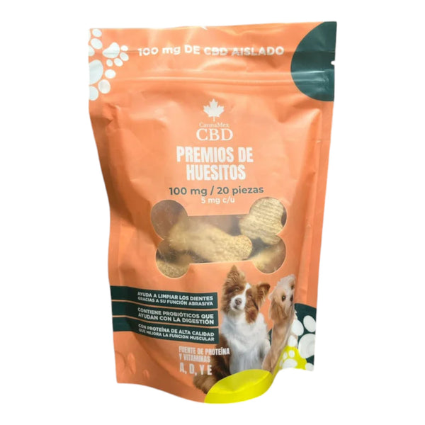 Fotografía del empaque de galletas con CBD para perros, con beneficios calmantes, digestivos y dentales