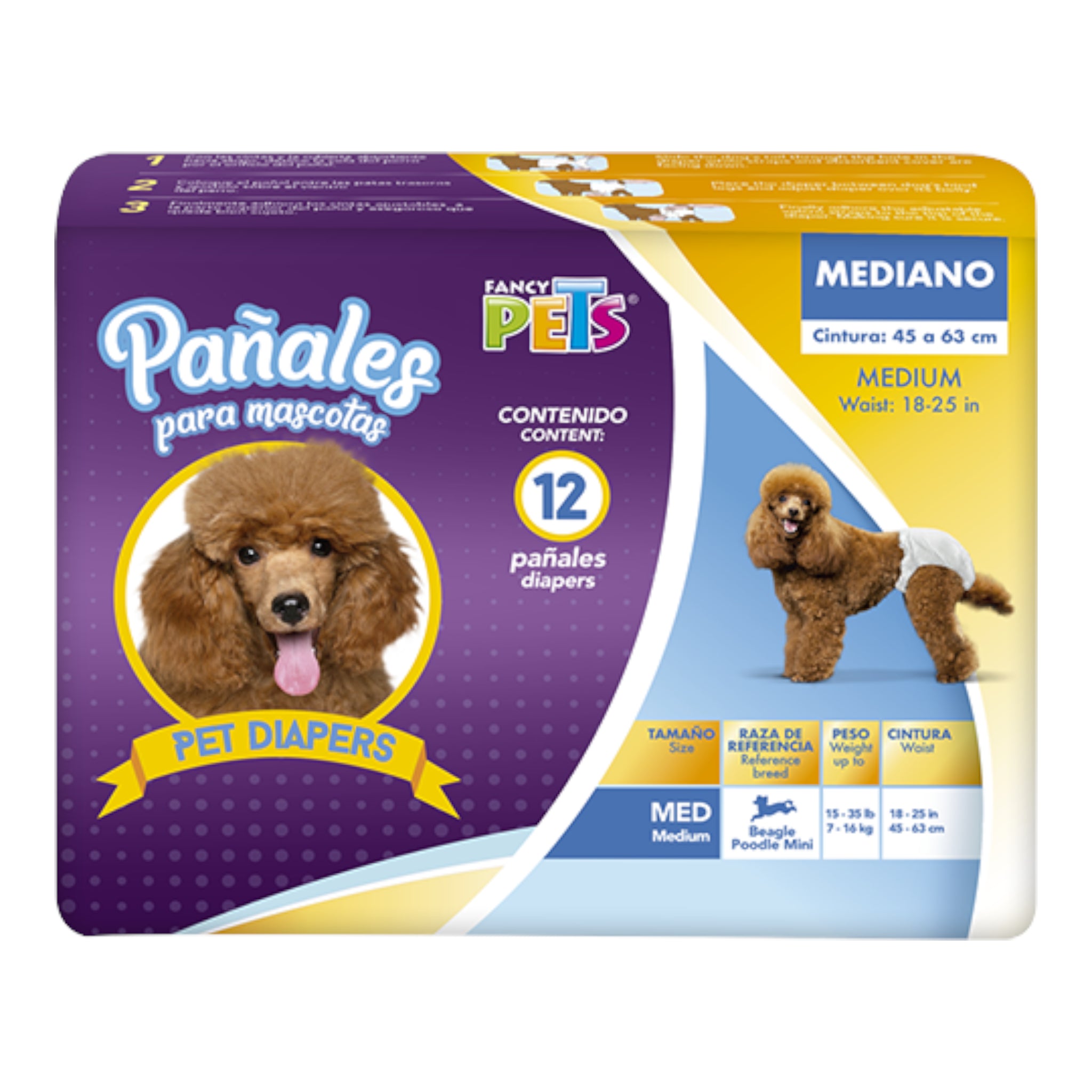 Paquete de 12 pañales desechables para perra talla mediana marca Dry Pet, ideal para razas como beagle