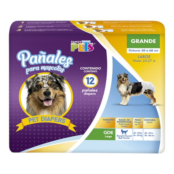 Paquete de 12 pañales desechables para perra talla Gde marca Dry Pet, ideal para razas como basset houn o bull terrier