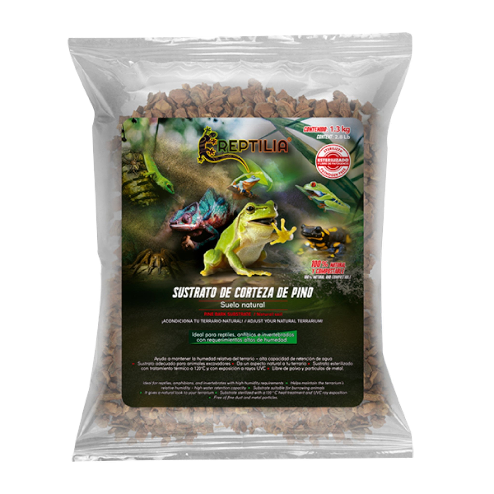 Bolsa de sustrato de corteza de pino de 1.3 kg, ideal para reptiles y anfibios que requieren ambientes con alta humedad