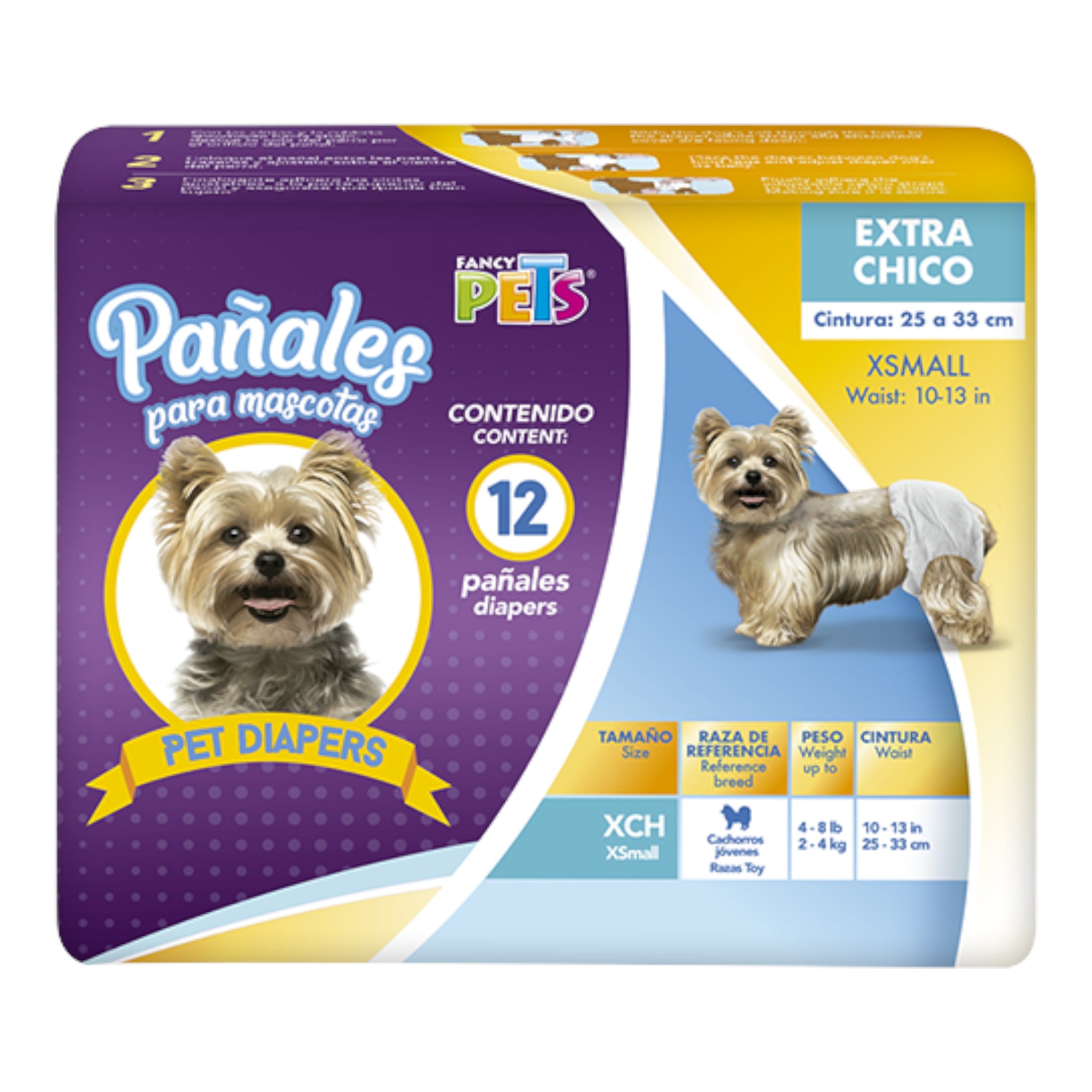 Paquete de 12 pañales desechables para perra talla extra chica marca Dry Pet, ideal para cachorras