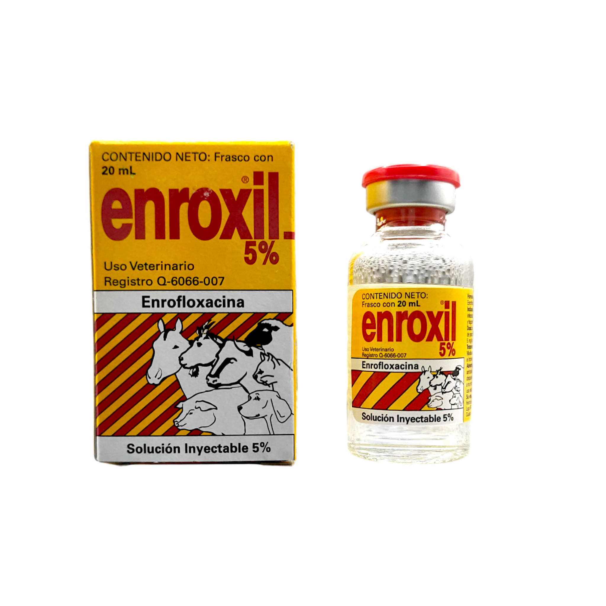 Frasco de Enroxil 5%, antimicrobiano inyectable de amplio espectro para mascotas y animales de granja.