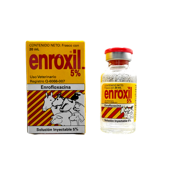 Frasco de Enroxil 5%, antimicrobiano inyectable de amplio espectro para mascotas y animales de granja.