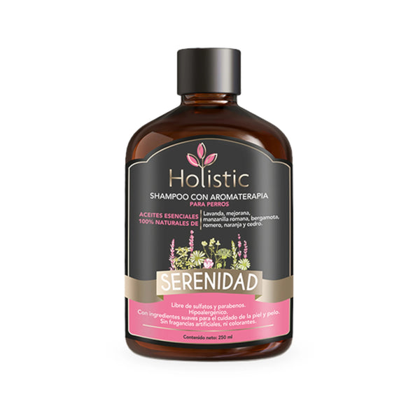 Frasco del Shampoo Holistic Serenidad para perros, con aceites esenciales calmantes de lavanda y manzanilla