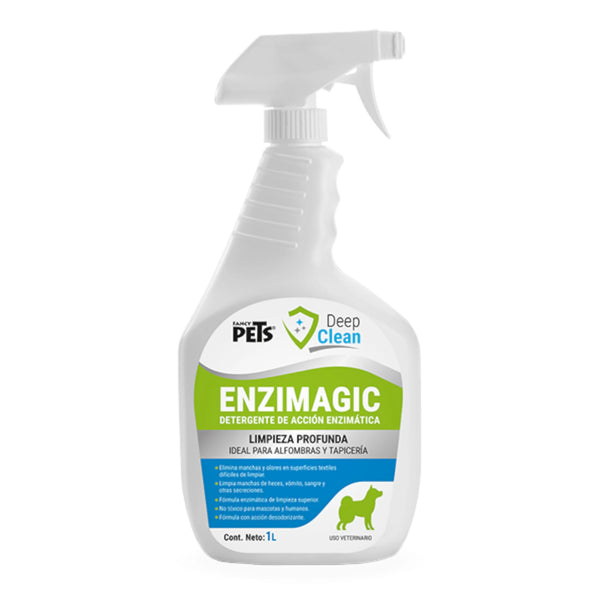 Botella de Enzimagic para alfombras y tapicería 1L con fórmula enzimática para eliminar manchas y olores causados por perros.