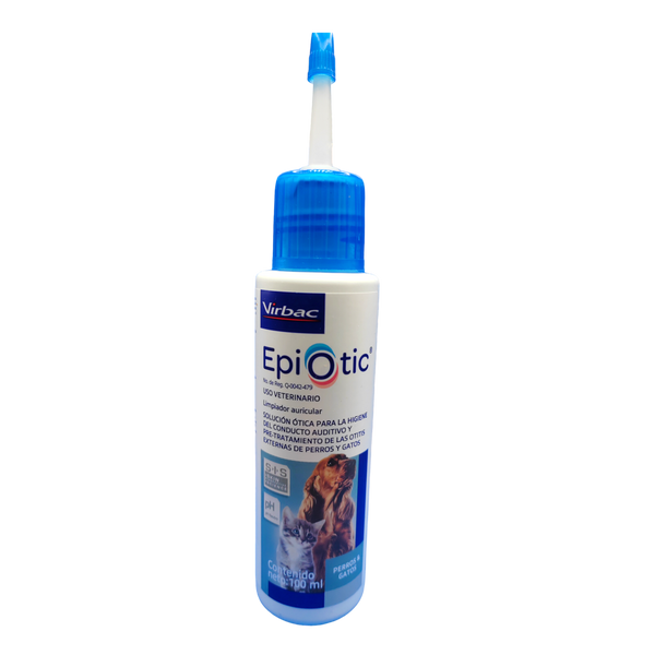 Envase de Epiotic, solución de limpieza para el cuidado auditivo en perros y gatos, presentación de 100 ml