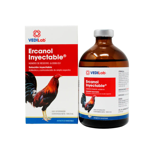 Frasco de 100 ml de Ercanol Inyectable de uso veterinario en aves de corral, indicado para infecciones bacterianas y procesos inflamatorios.