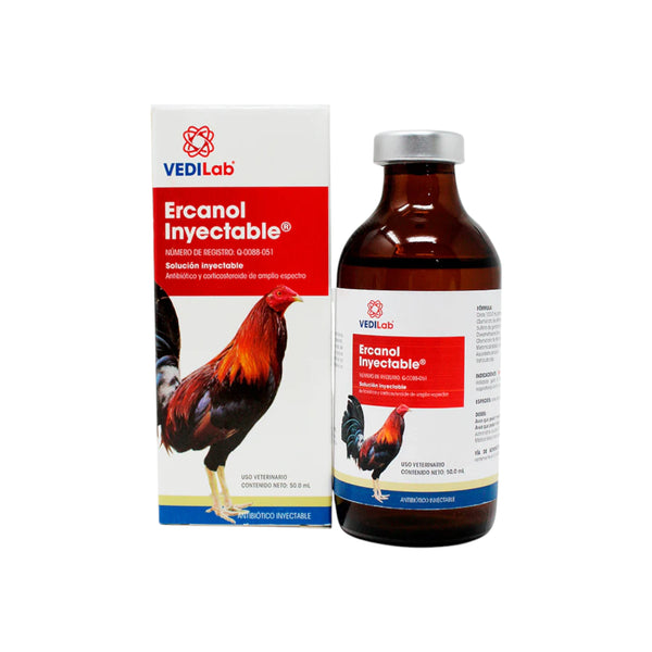 Frasco de 50 ml de Ercanol Inyectable para aves, solución antibiótica y antiinflamatoria para tratar infecciones respiratorias, digestivas y urinarias.