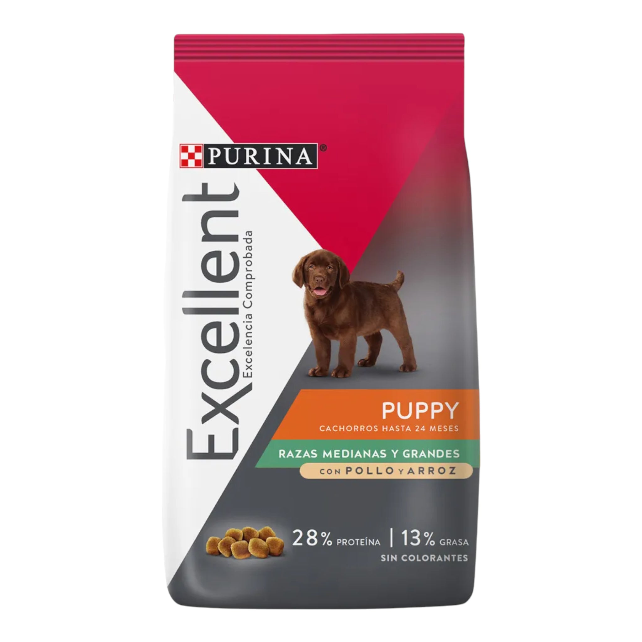 Saco de alimento Purina Excellent cachorro pollo y arroz para razas medianas y grandes, con 28% de proteína y 13% de grasa.