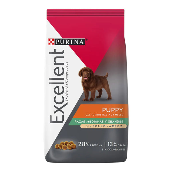 Saco de alimento Purina Excellent cachorro pollo y arroz para razas medianas y grandes, con 28% de proteína y 13% de grasa.