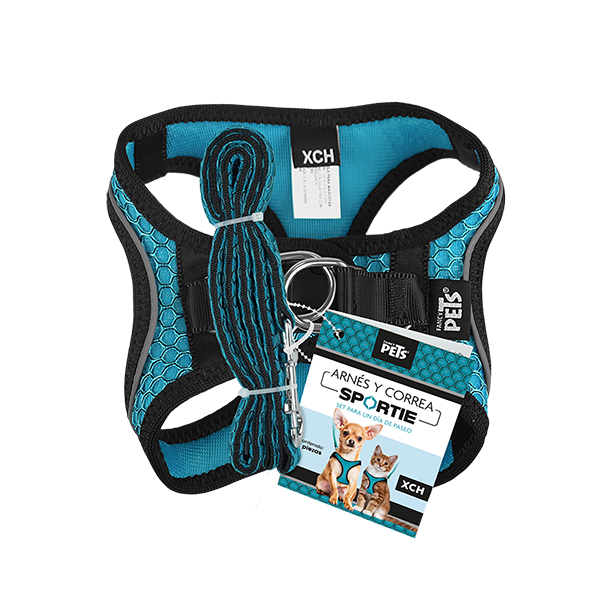 Arnés Azul aqua  con tira reflejante y correa