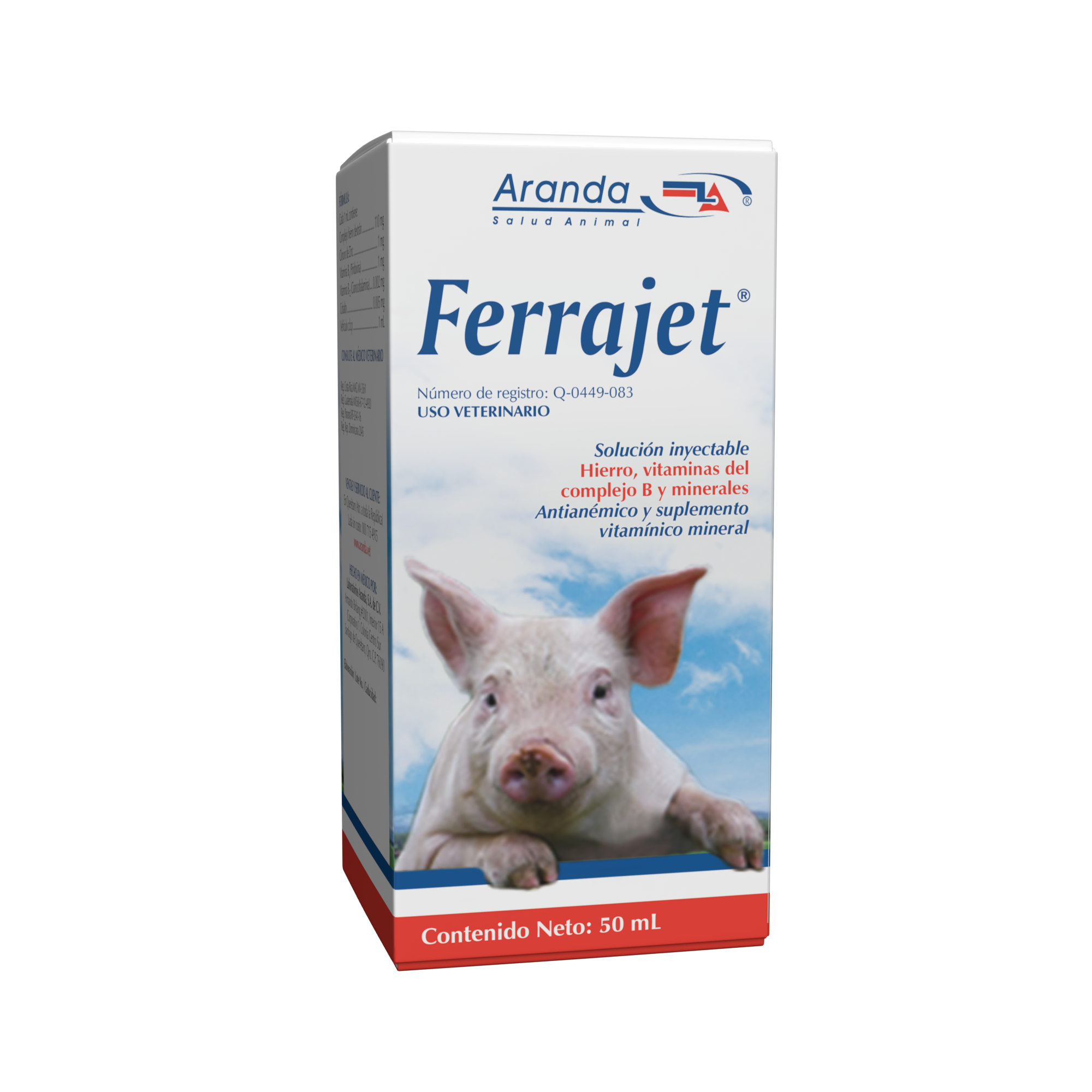 Caja del suplemento veterinario Ferrajet con hierro y vitaminas para prevenir la anemia en lechones.