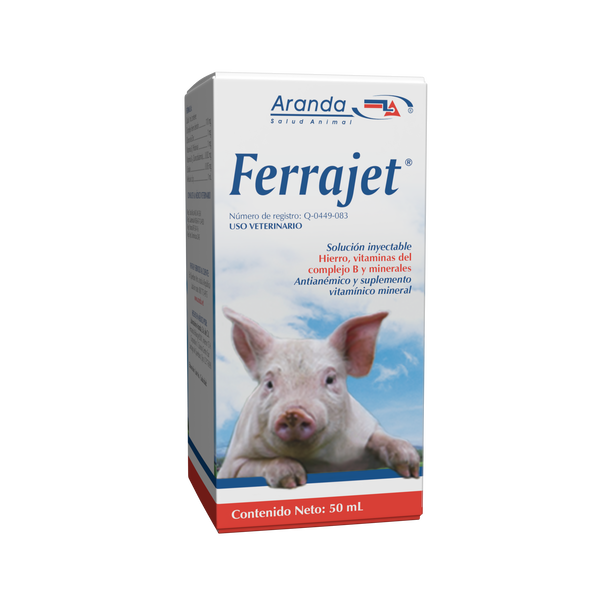 Caja del suplemento veterinario Ferrajet con hierro y vitaminas para prevenir la anemia en lechones.