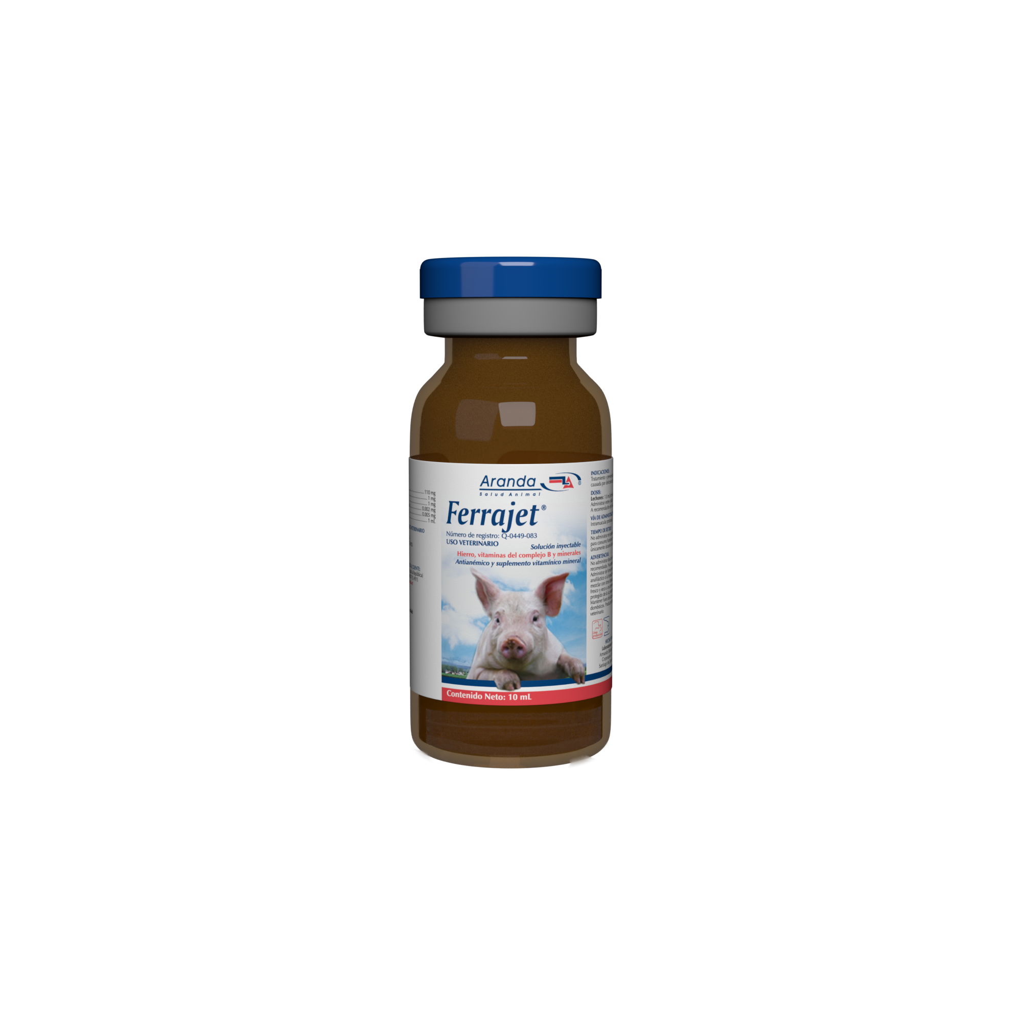Envase de 10 ml de Ferrajet, hierro inyectable para prevenir la anemia en cerdos recién nacidos.