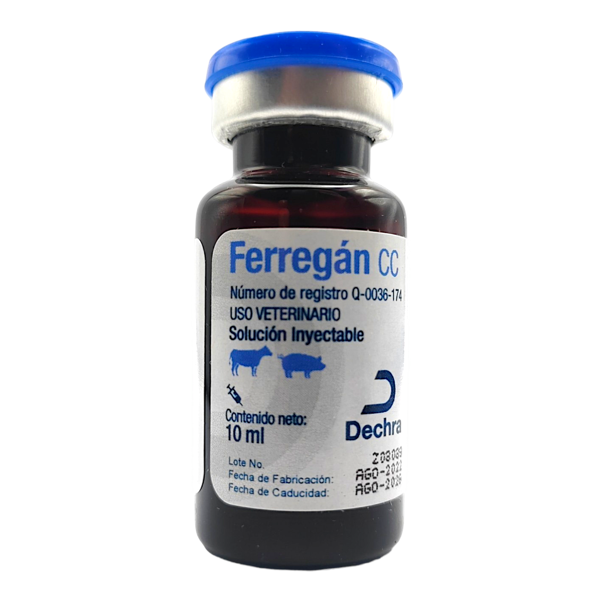 Fotografía del suplemento Ferregán CC en presentación de 10 ml, indicado para prevenir anemia en becerros y lechones.