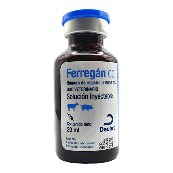 Imagen del producto Ferregán CC de 20 ml, con fórmula rica en hierro, L-Carnitina y vitamina B12 para mejorar la energía de animales jóvenes.
