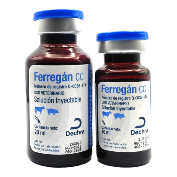 Imagen del envase de Ferregán CC, suplemento inyectable con hierro y L-Carnitina para combatir la anemia en becerros y lechones.
