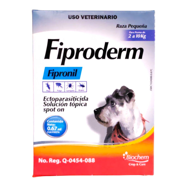 Pipeta Fiproderm 0.67 ml de Biochem para perros de 2 a 10 kg, solución tópica con fipronil que elimina pulgas, garrapatas, ácaros y piojos