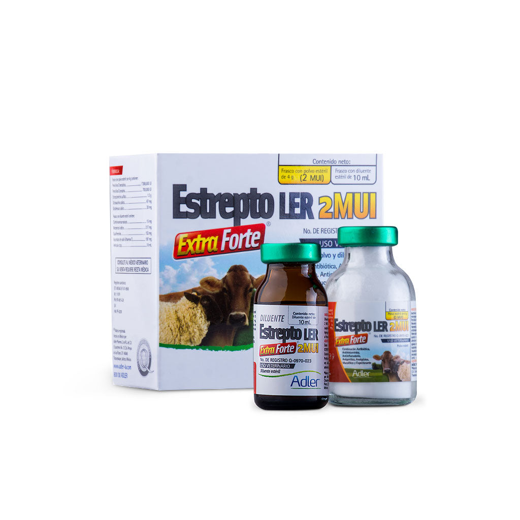 Frasco de Estrepto LER  extra forte 2MUI 10ml, antibiótico inyectable para infecciones en perros, bovinos, equinos y caprinos.
