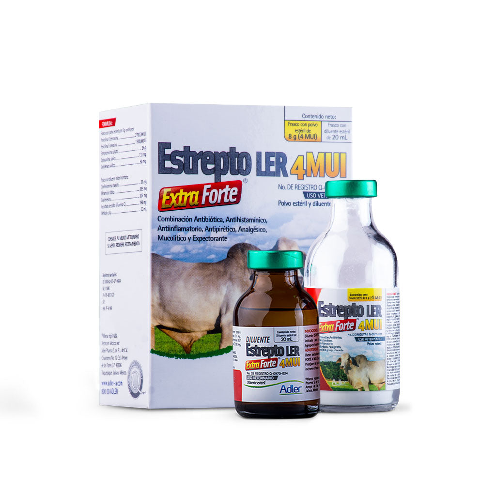 Frasco de Estrepto LER extra forte 4MUI 20ml, antibiótico y antiinflamatorio para uso veterinario en animales de producción y mascotas
