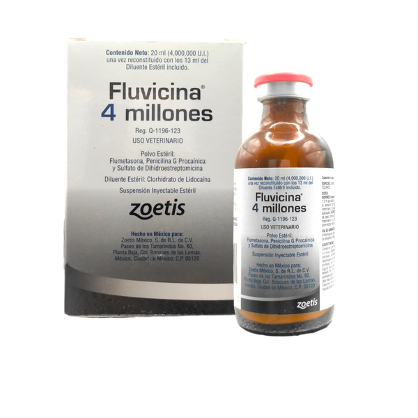 Frasco de Fluvicina 4MUI de 20ml, antibiótico y antiinflamatorio para caballos y ganado con efecto anestésico