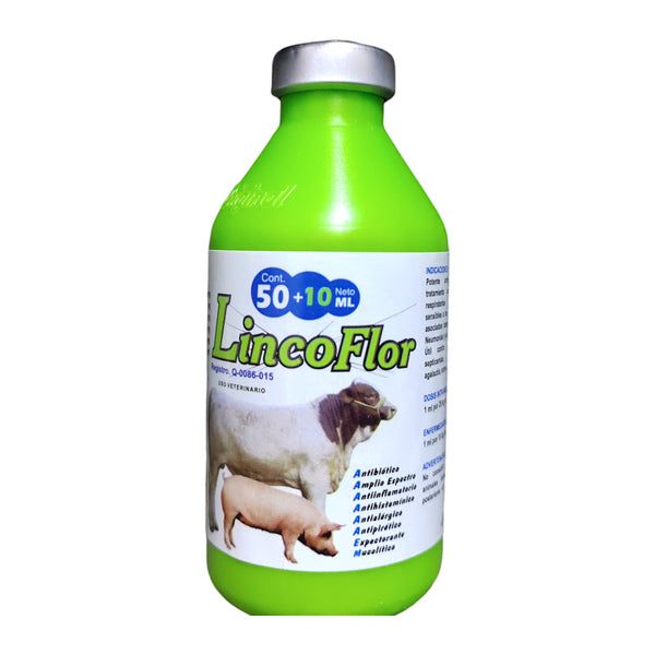Frasco de LincoFlor, tratamiento inyectable para enfermedades respiratorias y fiebre en animales de granja y mascotas