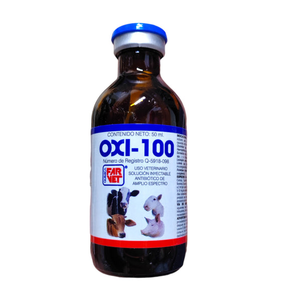 Frasco de Oxi-100 con oxitetraciclina HCl para tratamiento de infecciones en bovinos, equinos, porcinos, caninos y felinos