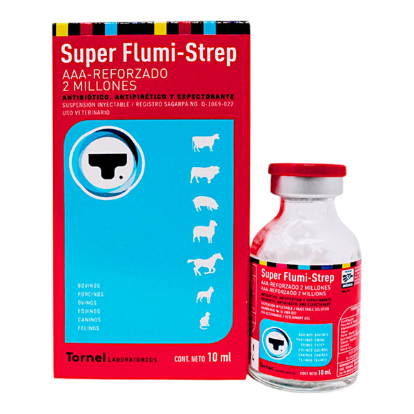 Frasco de Super Flumi Strep AAA Reforzado 1MUI, antibiótico y antiinflamatorio inyectable para perros, caballos, gatos, vacas, cerdos, borregos y cabras