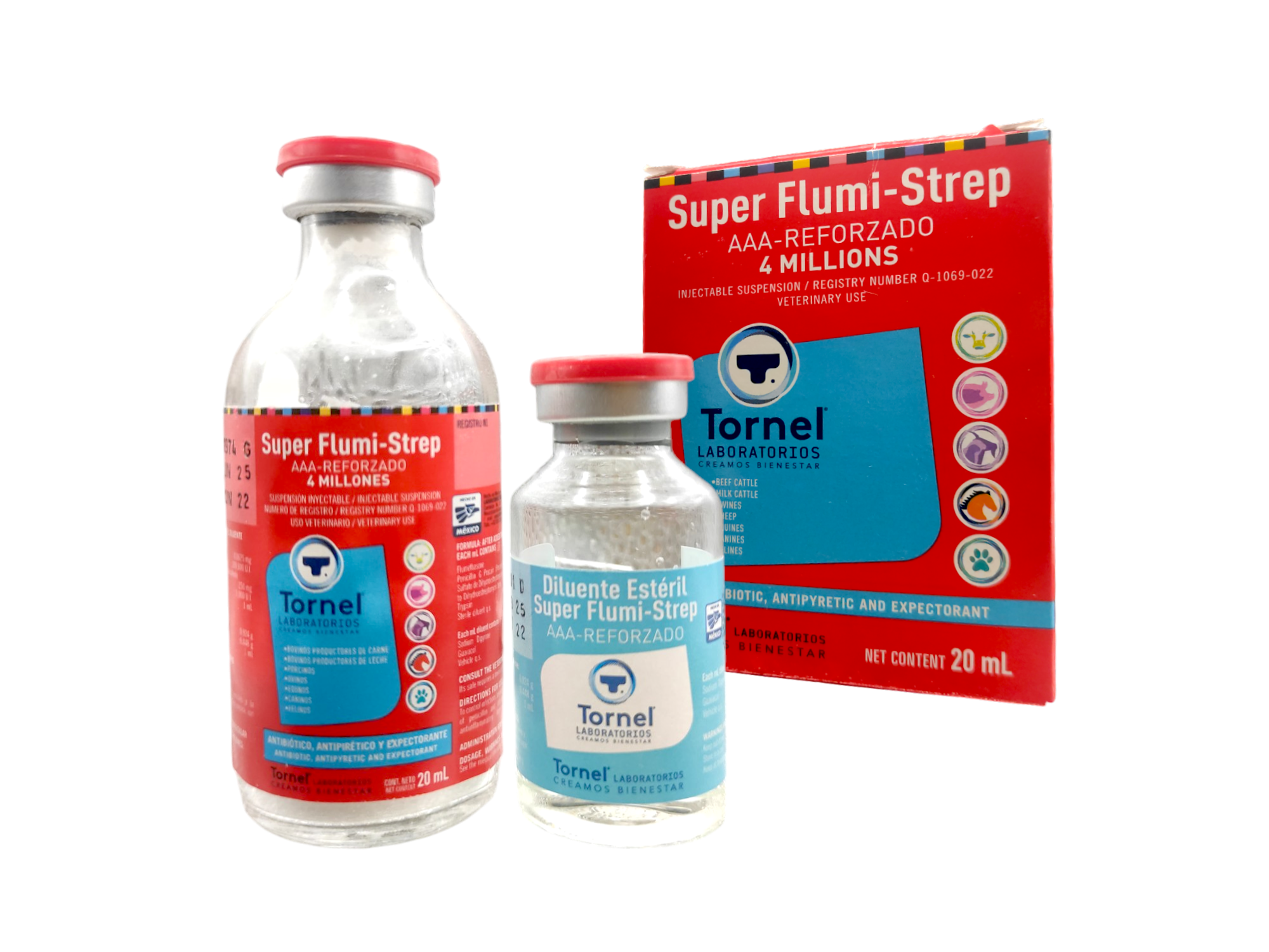 Frasco de Super Flumi Strep AAA Reforzado 4MUI de 20ml, antibiótico y antiinflamatorio inyectable para uso veterinario en perros, bovinos, porcinos, caprinos, ovinos y caballos