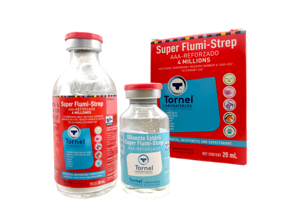 Frasco de Super Flumi Strep AAA Reforzado 4MUI de 20ml, antibiótico y antiinflamatorio inyectable para uso veterinario en perros, bovinos, porcinos, caprinos, ovinos y caballos