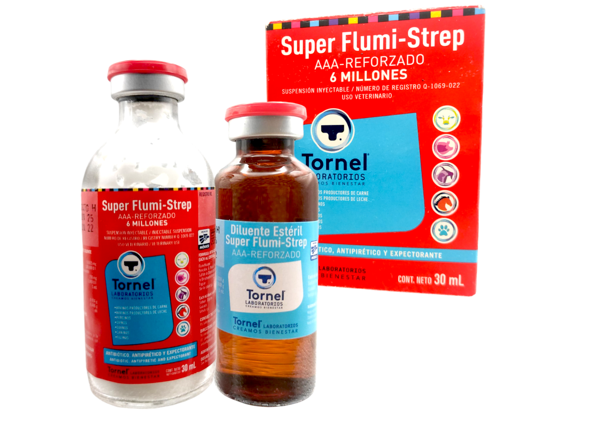 Imagen del frasco de Super Flumi Strep AAA Reforzado 6MUI, solución inyectable para tratar infecciones en perros, caballos, vacas, borregos, chivos y porcinos
