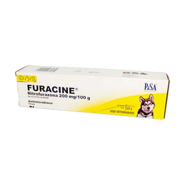 Tubo de Furacine crema antibacteriana de 85 g para perros, gatos y caballos, indicada para heridas, quemaduras e infecciones superficiales.