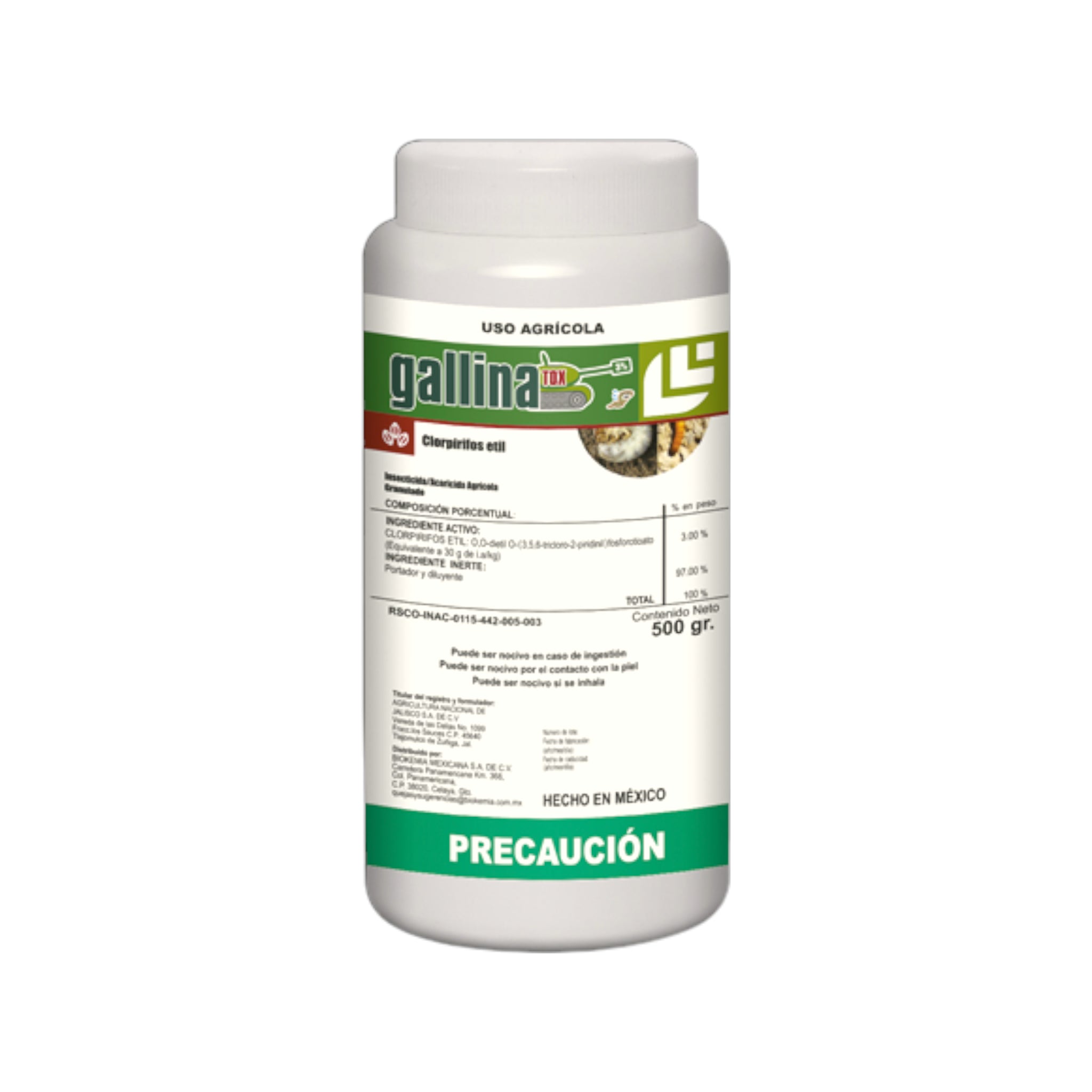 Envase de GallinaTox insecticida agrícola granulado con Clorpirifos Etil al 3% para control de gallina ciega, gusano trozador y diabrótica en cultivos de maíz y sorgo.