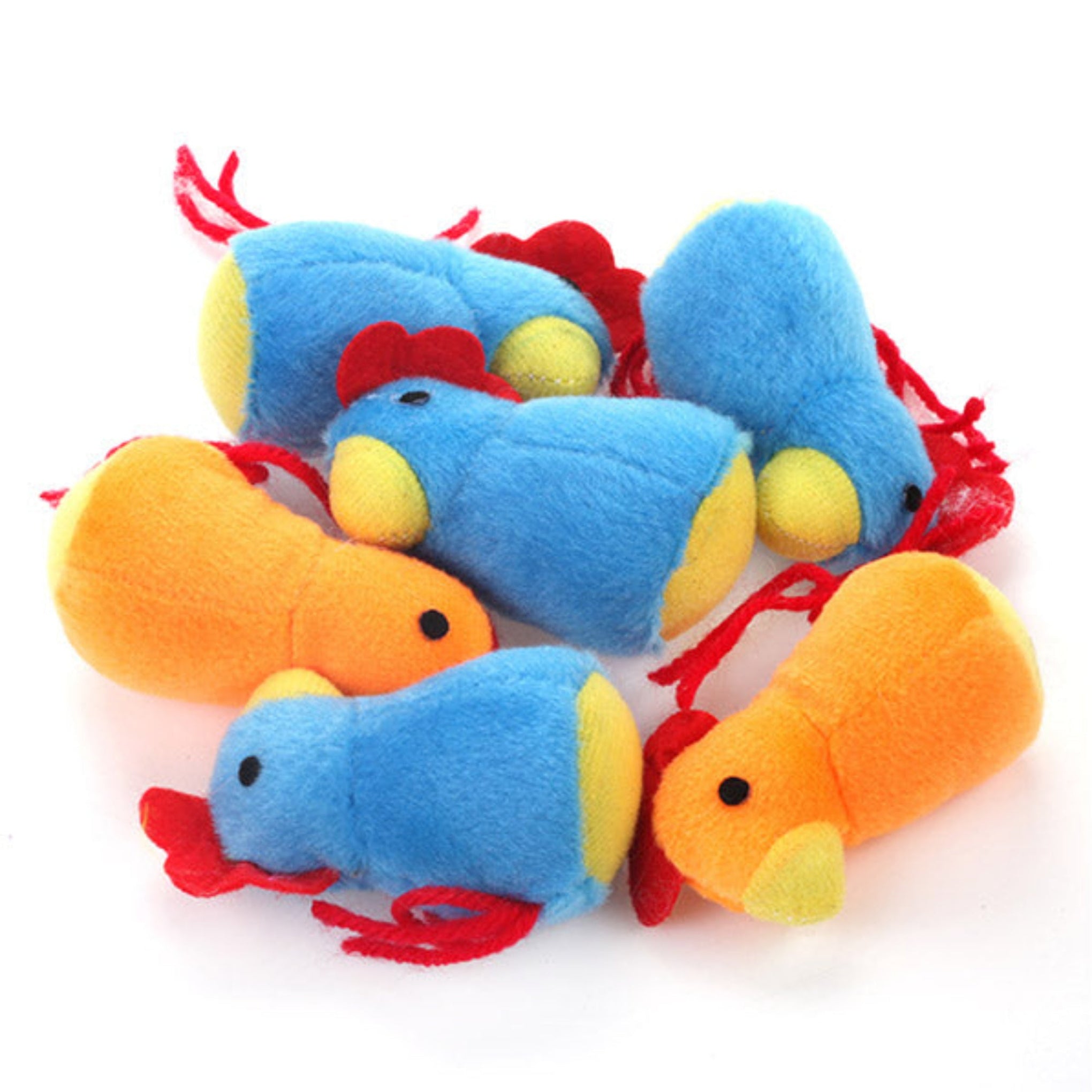 Juguetes de peluche para gatos con forma de gallinita en color azul y naranja, con catnip y cascabel interior