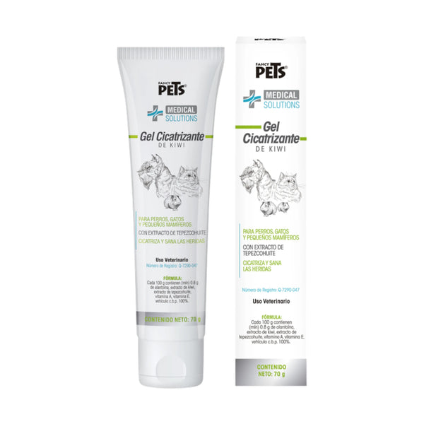 Gel Cicatrizante de Kiwi Fancy Pets en presentación de 70 g con caja y tubo, fórmula con tepezcohuite, kiwi y vitaminas para perros, gatos y pequeños mamíferos.