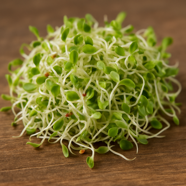 Brotes verdes de alfalfa listos para consumo, ideales para ensaladas, sándwiches o wraps saludables.