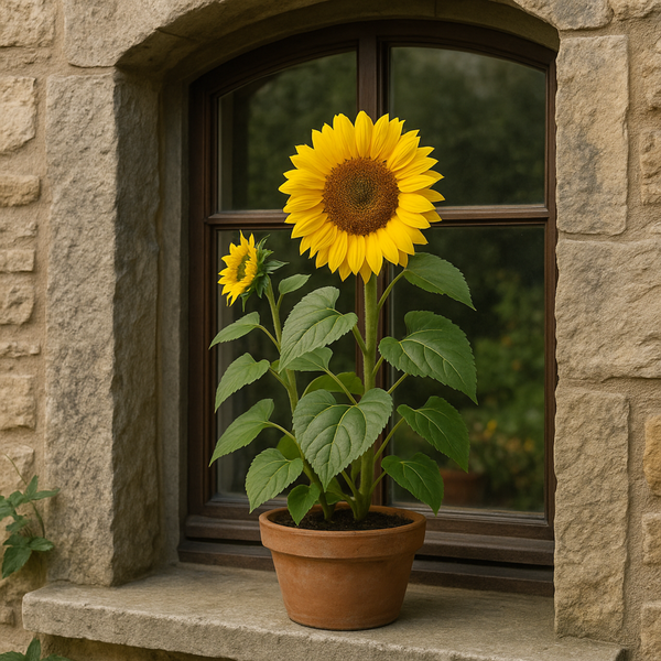 Girasol gigante floreciendo en una maceta de barro sobre una repisa de ventana de piedra, capturando su cultivo casero y decorativo.