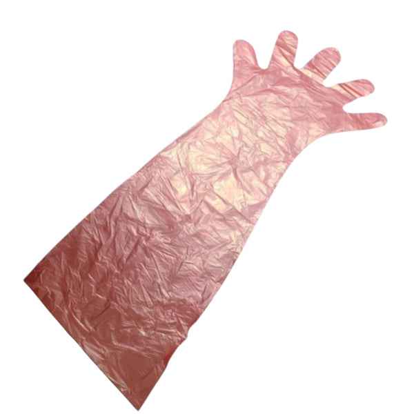 Guante veterinario desechable de vinilo, transparente azul y de brazo largo (89 cm), usado para palpación e inseminación artificial en vacas.