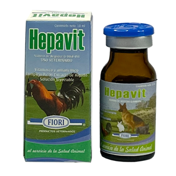 Fotografía de Hepavit inyectable, un suplemento vitamínico y antianémico para mascotas y animales de granja, ideal para tratar anemia y recuperar la energía.