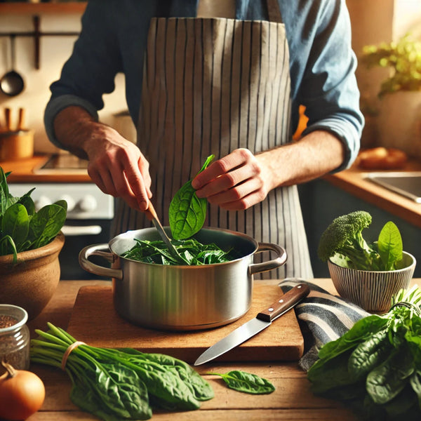 Imagen realista de un hombre colocando hojas de espinaca fresca en una olla en su cocina.