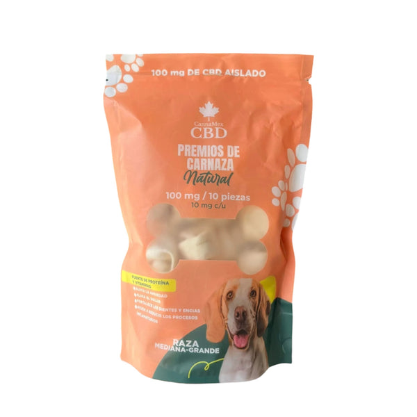 Huesitos de carnaza con CBD para perros, ideales para calmar la ansiedad y apoyar la digestión.