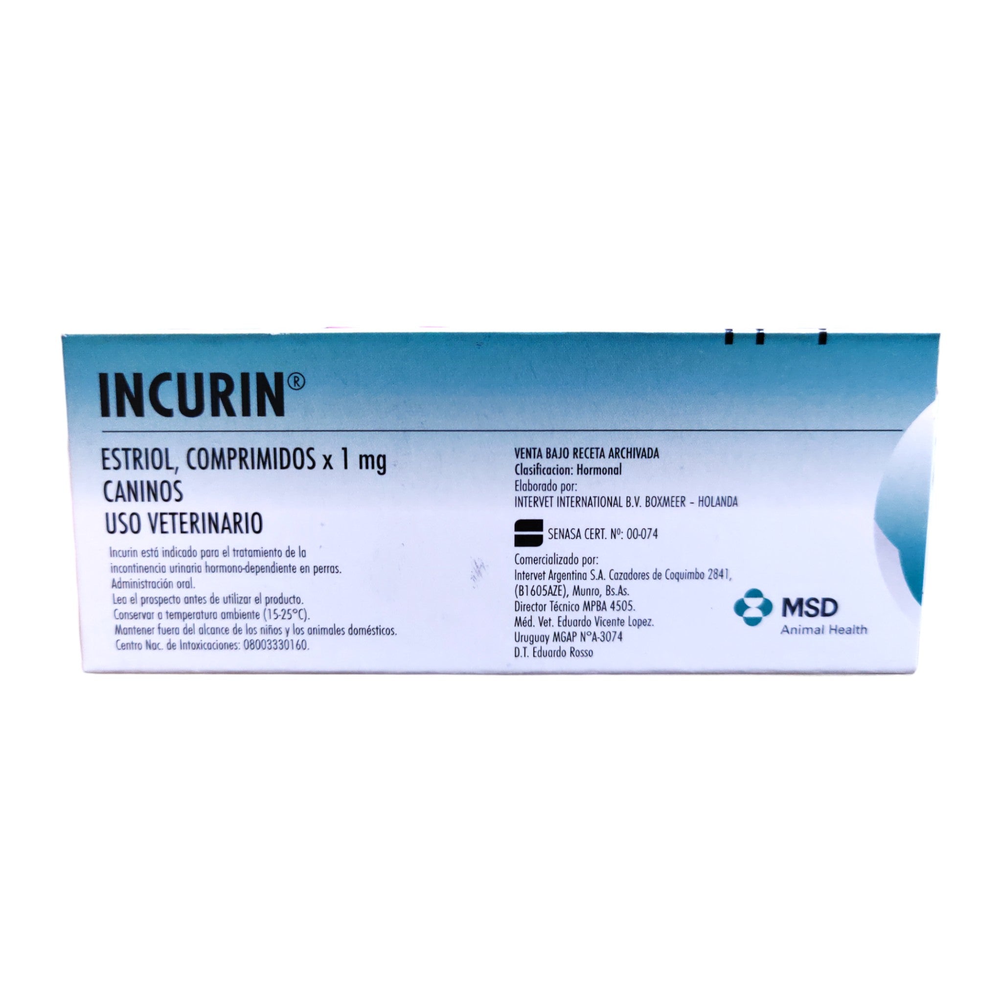 Caja de Incurin con 30 comprimidos, tratamiento veterinario para controlar la incontinencia urinaria en perras con estriol, medicamento controlado.