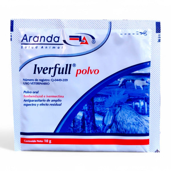 Envase de Iverfull Polvo 10 g, desparasitante oral para aves y cerdos con ivermectina y fenbendazol
