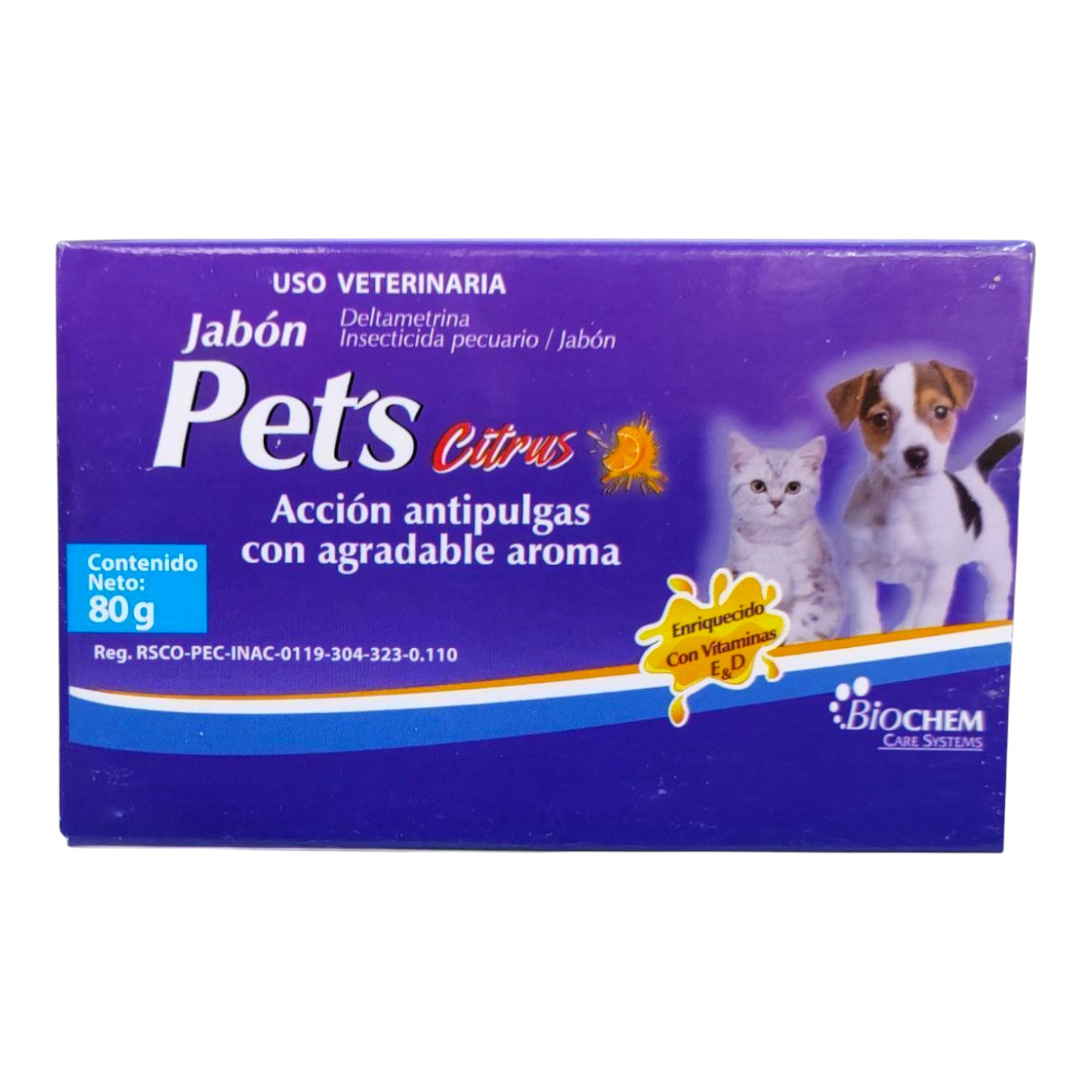 Jabón antipulgas Pets Citrus de Biochem 80 g para perros y gatos, con deltametrina y aroma cítrico, limpia, suaviza y elimina pulgas y piojos