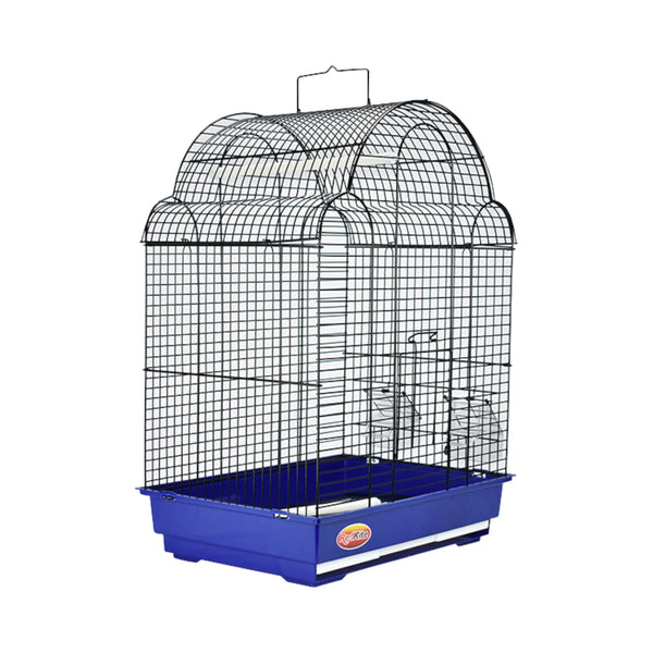 Jaula Ginebra para aves con perchas y comederos, vista lateral mostrando su diseño espacioso.