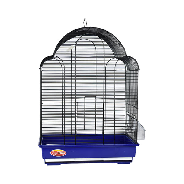 Jaula Ginebra color azul con rejilla negra, vista frontal completa para aves pequeñas y medianas.