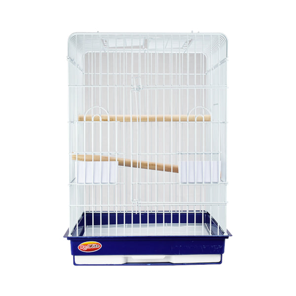 Jaula Macao para aves con dos perchas y comederos, vista lateral con base azul.