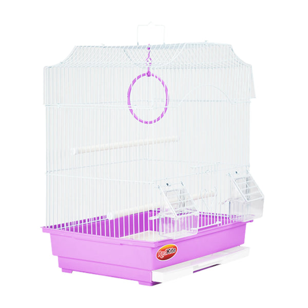 Jaula Niza II para aves con comederos, perchas y columpio vista lateral.